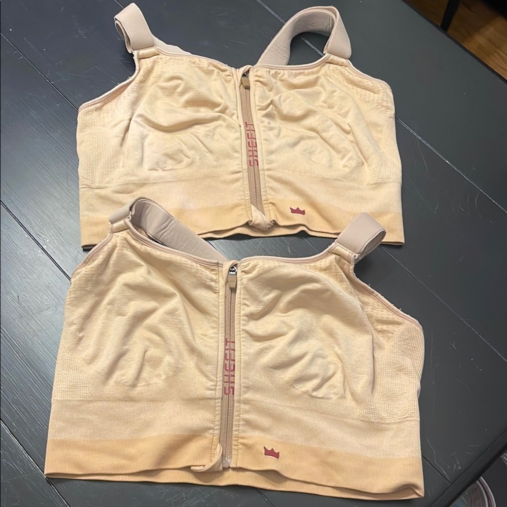 TWO Low Impact Zip-Front SHEFIT Sports Bras; Heathered Tan color